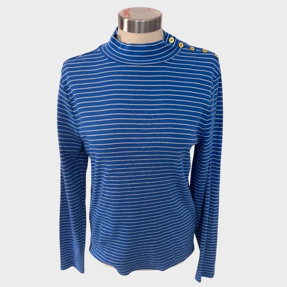 J. Crew XL Blue White Stripe Shirt Mock Neck Button Detail 100% Cotton
